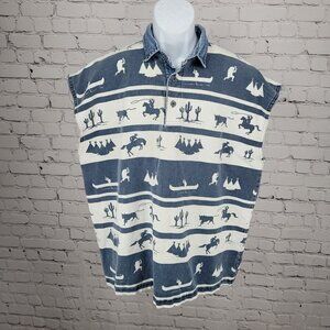 VTG Structure Activewear Blue White Western Cowboy Sleeveless Shirt USA Large